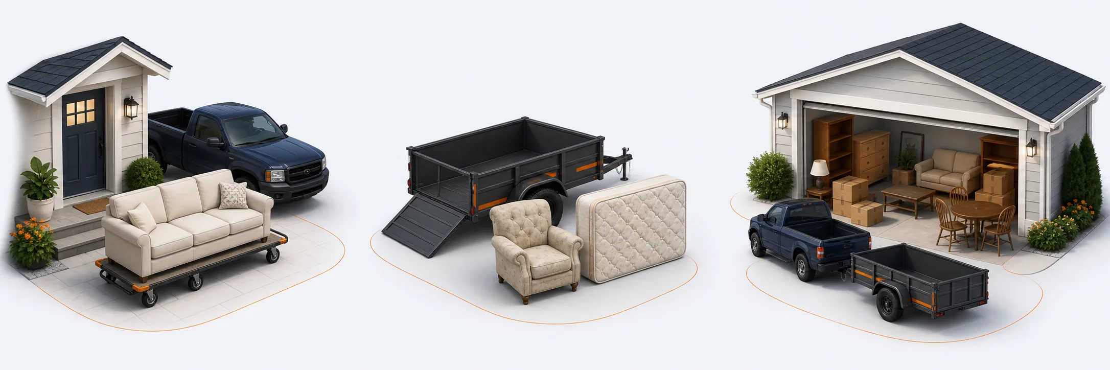 Illustration of a sofa arriving at a home, with a pickup nearby.